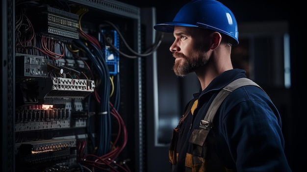 Eletricista de capacete a trabalhar num painel industrial