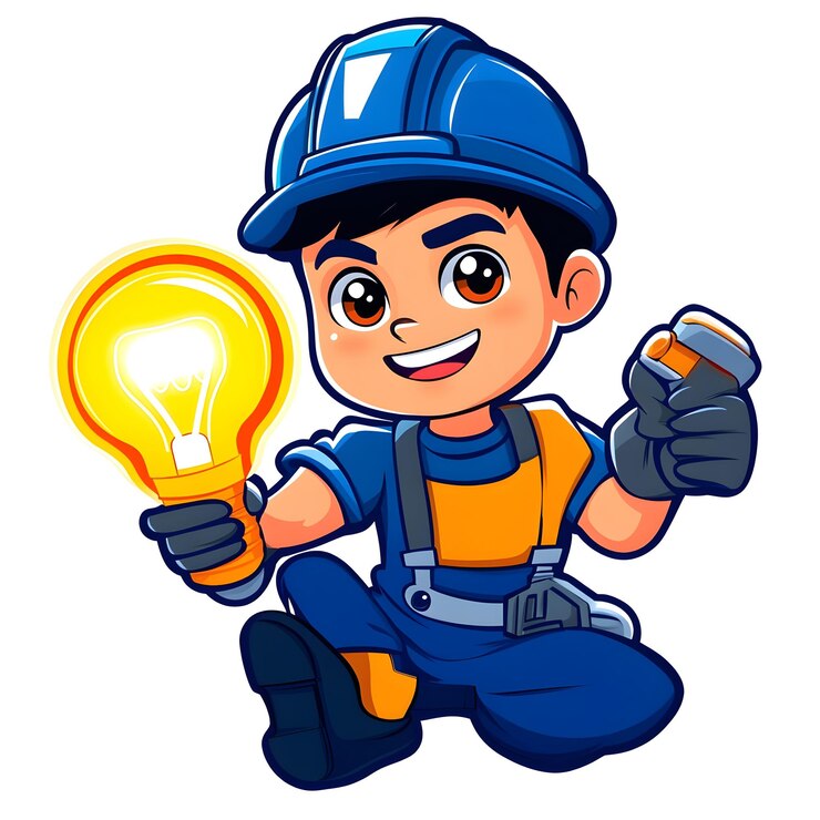 Eletricista de desenho animado alegre com lâmpada em estilo infantil colorido
