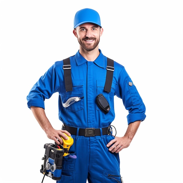 Eletricista de uniforme azul sobre fundo branco generativo ai
