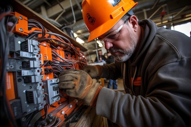 Eletricista em equipamento de segurança a trabalhar numa caixa de fusíveis comercial com ferramentas profissionais