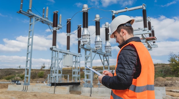 Foto eletricista engenheiro verifica o processo de construção da subestação