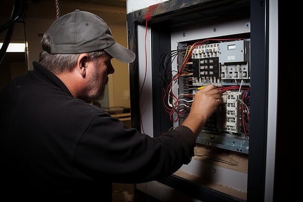 Eletricista habilidoso instalando habilmente equipamentos elétricos para uma funcionalidade ótima