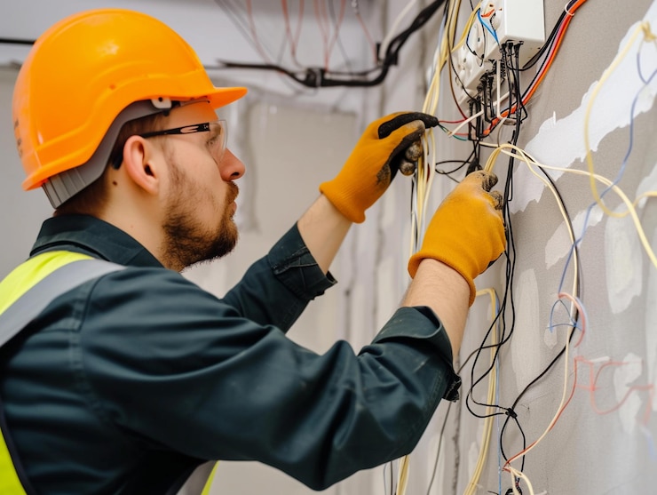 Foto eletricista instalando a fiação interior