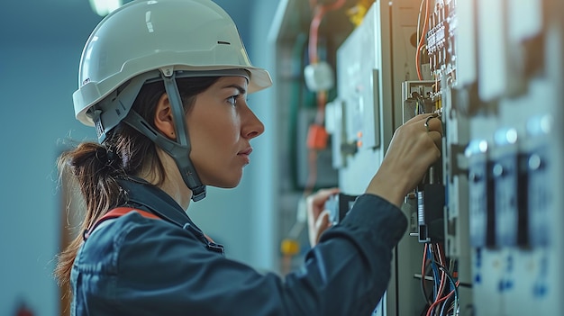 Eletricista instalando sistema de central elétrica profissional no processo de trabalho