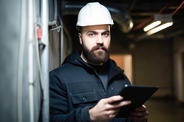 Eletricista masculino bonito segurando seu tablet digital