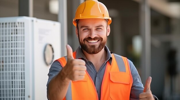 Eletricista masculino gesticulando polegares para cima Reparadores de ar condicionado trabalham na unidade doméstica