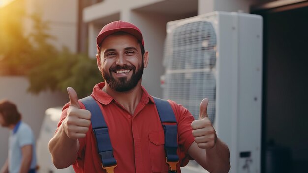 Foto eletricista masculino gesticulando polegares para cima reparadores de ar condicionado trabalham na unidade doméstica