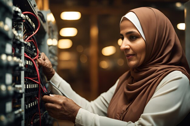 Eletricista mulher madura trabalha em uma central com um cabo de ligação elétrica Conceito de profissões de trabalho