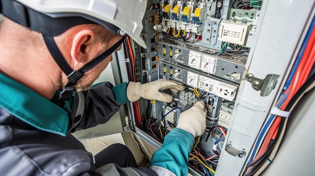 eletricista profissional usando um capacete de segurança e uniforme instalando um novo disjuntor moderno