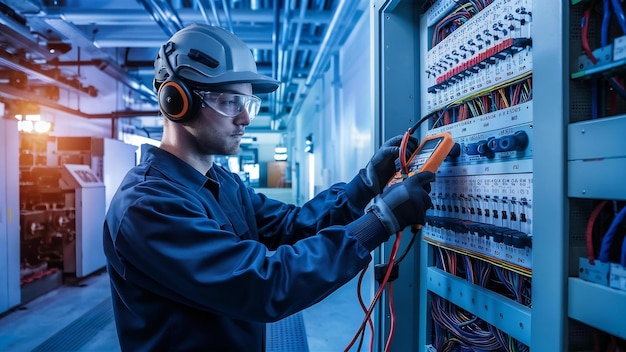 Eletricista testando a corrente elétrica no painel de controlo