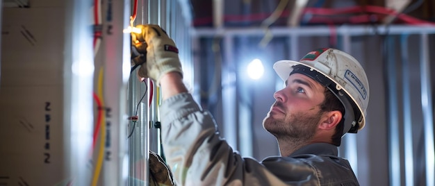 Foto eletricistas a instalar fios num novo edifício, orientados para os pormenores da segurança, iluminando primeiro o progresso