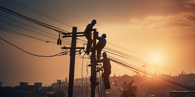 Eletricistas de plantão trabalhando com segurança em postes de eletricidade