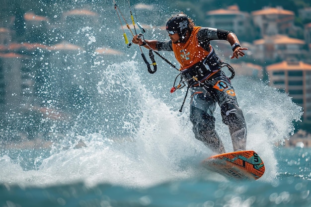 Foto eletrizante confronto urbano de kitesurf