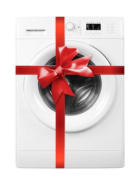 Eletrodoméstico Vista frontal Máquina de lavar presente amarrada com laço vermelho isolado