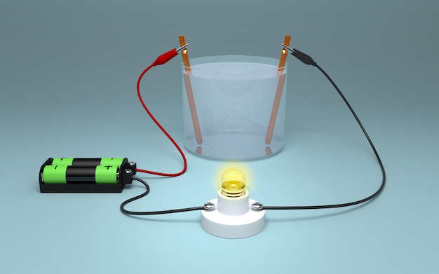 Foto eletrólise da água com bateria e lâmpada.