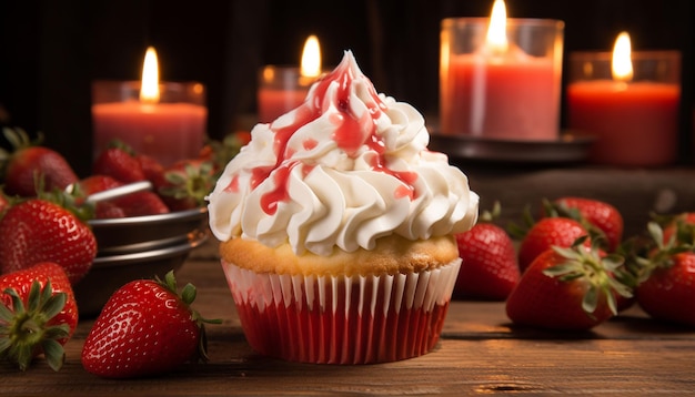 Eleva tu juego de postre con un muffin de pastel de queso de fresa cubierto con una vela de crema batida el relleno de pastelde queso cremoso y las fresas dulces crean un deleite celestial