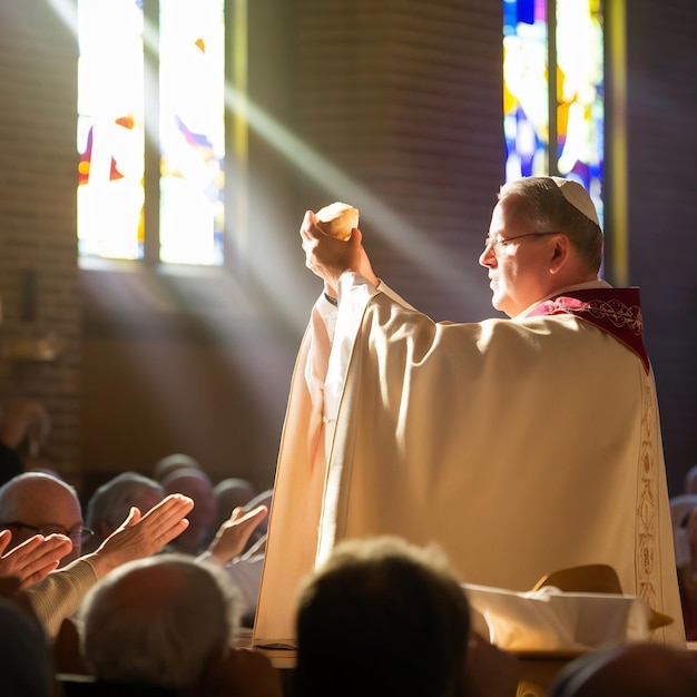 Foto la elevación del pan sacramental durante la liturgia católica