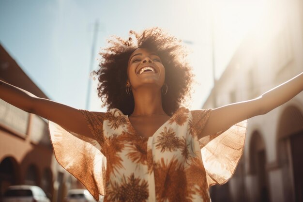 Elevada alegría radiante mujer afroamericana abrazando la vida contra la calle iluminada por el sol Billboard