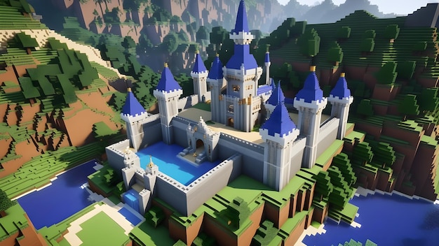Elevado detalhado castelo de Minecraft no ar com nuvens de vista lateral ilustração de jogo voxel