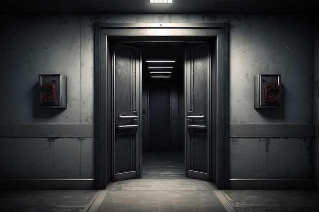 Elevador assustador com suas portas abertas em uma sala escura Portões do Inferno conceito 3D Ilustração de renderização