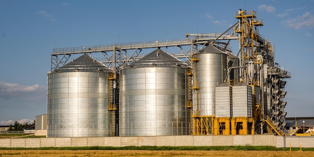 Elevador de celeiro moderno e linha de limpeza de sementes Silos de prata em agroprocessamento e planta de fabricação para armazenamento e processamento de limpeza de secagem de produtos agrícolas farinha de cereais e grãos