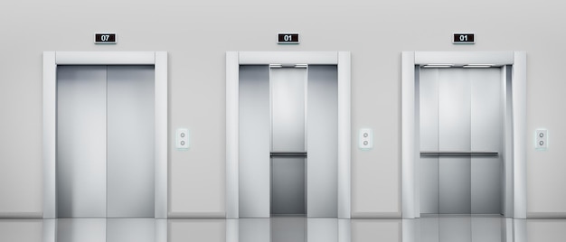 Elevador de metal com portas de elevador entreabertas e abertas no corredor Hotel interior de lobby de escritório vazio realista ou área de espera com painel de botão de cabines de prata e exibição na parede 3d render