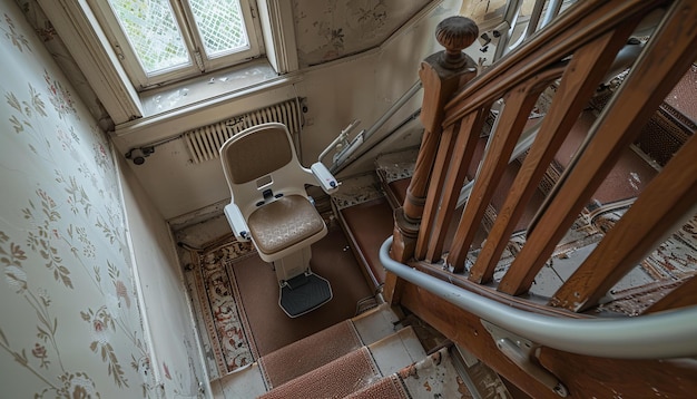 Elevador de escaleras instalado en una escalera doméstica Accesibilidad y cuidado en el hogar