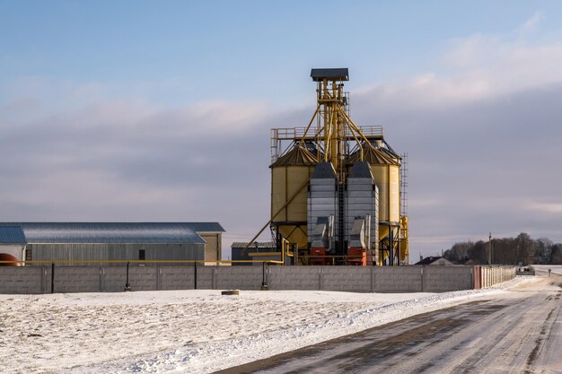 Elevador de granero de silos agrícolas en día de invierno en campo nevado Silos en planta de fabricación de agroprocesamiento para procesar secado limpieza y almacenamiento de productos agrícolas harina cereales y granos
