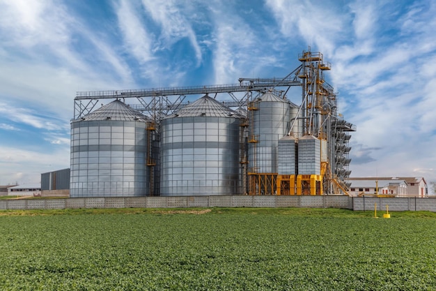 Foto elevador de graneros de silos en el complejo agroindustrial con línea de limpieza y secado de semillas para el almacenamiento de granos