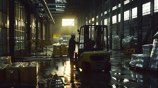 Elevador de horquilla en un almacén débilmente iluminado trabajador se encuentra cerca de la escena industrial con piso reflectante configuración de logística moderna AI