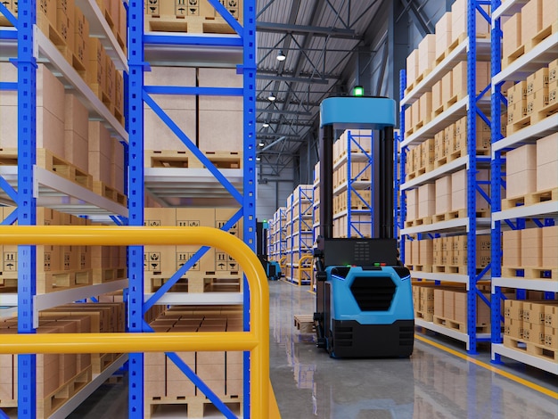 Elevador de horquilla robótico clasificando eficientemente cientos de paquetes por hora en la fábrica3d rendering