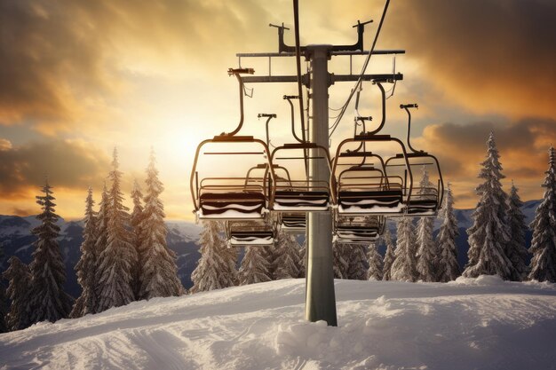 Elevadores de esqui nas montanhas ao pôr-do-sol Estação de esqui no inverno AI Gerado