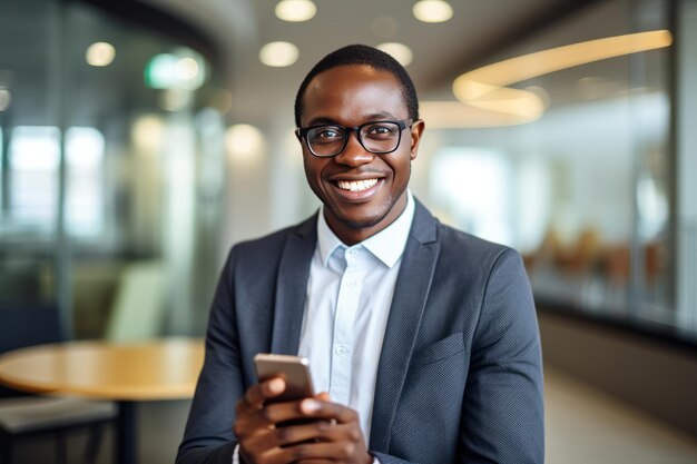 Elevando el éxito Un empresario africano sonriente dominando la dinámica de la oficina moderna con el teléfono en la mano