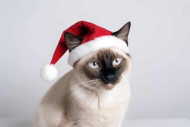 Elf Cat Cat em fundo branco usando um chapéu de Papai Noel Generative AI