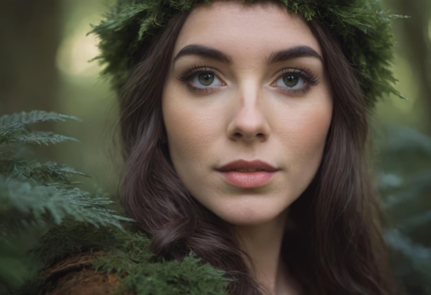 Elf garota vestida com uma capa e com uma coroa de flores na cabeça na floresta fantasia elfo da floresta bela mulher fantasia