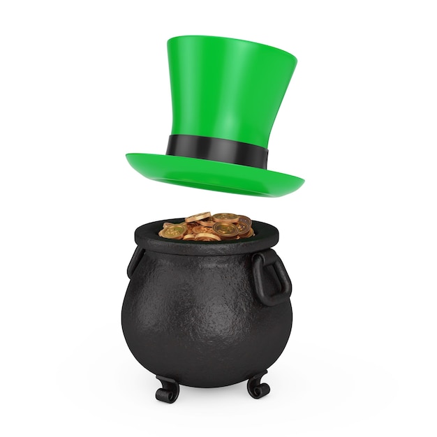 Elf Green Hat sobre Iron Cauldron Pot lleno de monedas de oro sobre un fondo blanco 3D Rendering