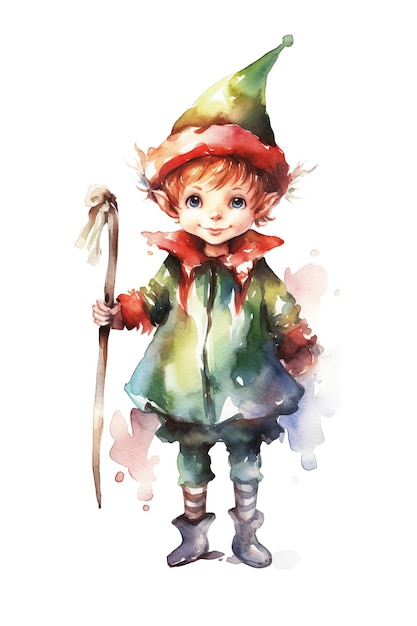 Elfe Weihnachten Aquarell Clipart niedlich isoliert auf weißem Hintergrund mit generativer KI