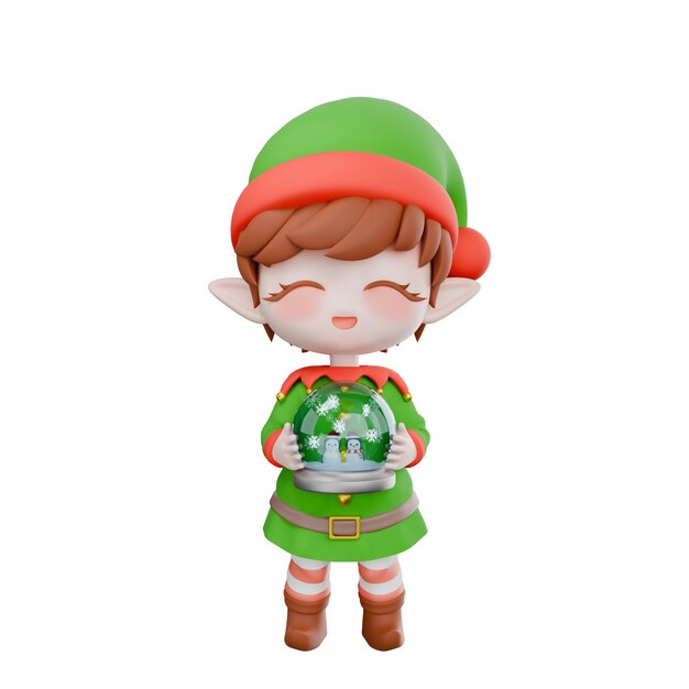 El elfo Chibi sostiene un juguete de bola de nieve