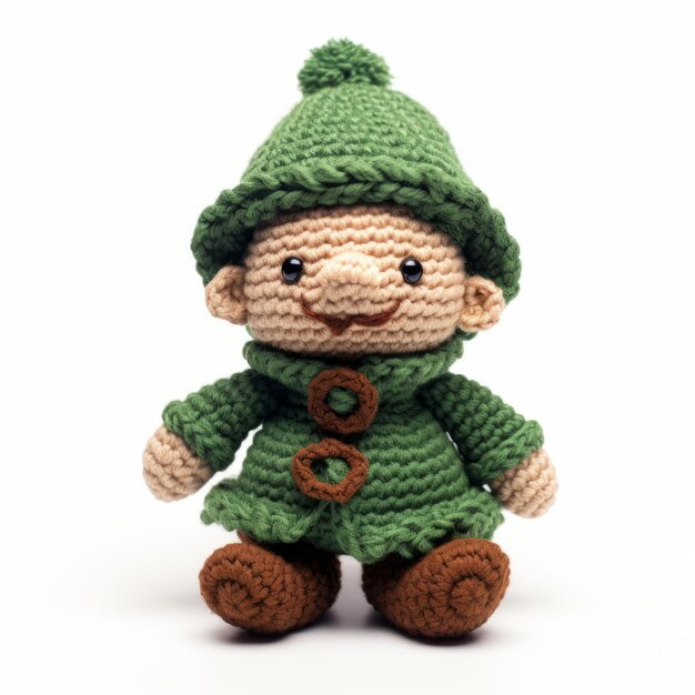 Elfo de crochet con sombrero verde y chaqueta de diseño caricaturesco encantador