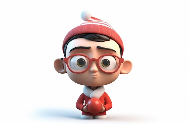 Elfo de dibujos animados con gafas sosteniendo una bola roja. 3d ilustración stock ilustración