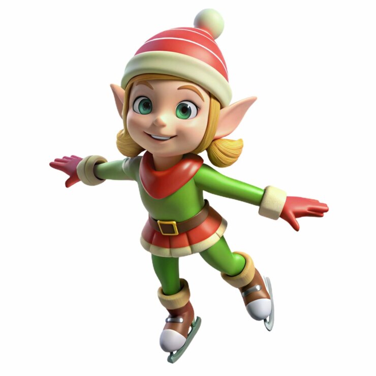 Los elfos navideños en 3D deslizándose en patines de hielo