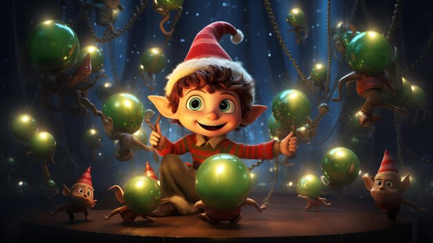 Los elfos navideños en el universo navideño con bolas navideñas y luces navideñas Pixar