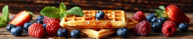 Elige la alegría con un desayuno de waffles en capas con las estaciones mejores bayas y jarabe menú de café