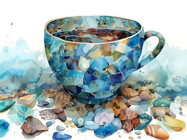 Elijah's Cup mit Textur von Meeresglasfragmenten Küstenkoll Illustration Trending Hintergrunddekor