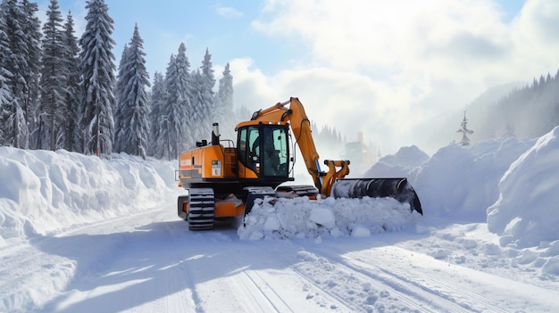 eliminación de nieve en invierno en la carretera con una excavadora