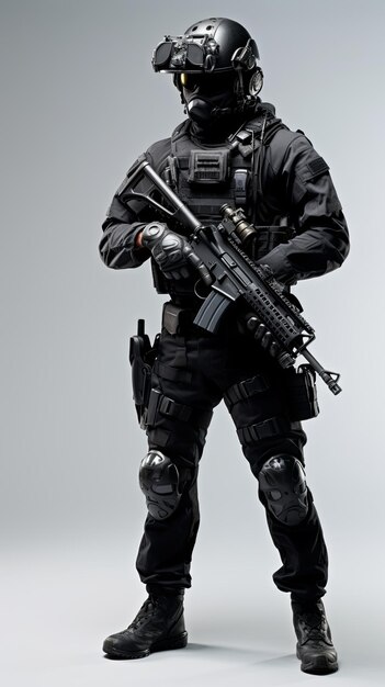 Foto elite-einheit soldat ganz in schwarz gekleidet isoliert auf minimalem hintergrund