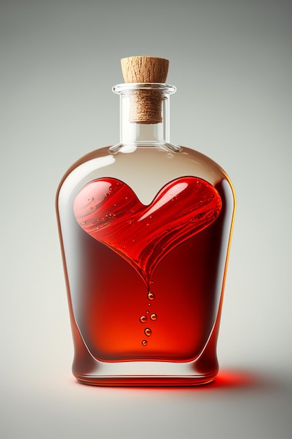Elixier der Liebe in einer transparenten Glasflasche mit Korkstopfen Herzförmiger Liebestrank in verschlossener Flasche Zaubergetränk Heiliger Valentinstag romantisches Thema AI-generiertes Bild