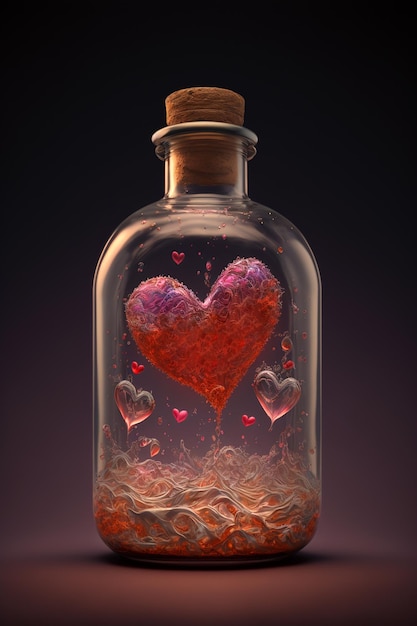 Elixir de amor en una botella de vidrio transparente con tapón de corcho Poción de amor en forma de corazón en una botella tapada bebida mágica Día de San Valentín tema romántico Imagen generada por IA