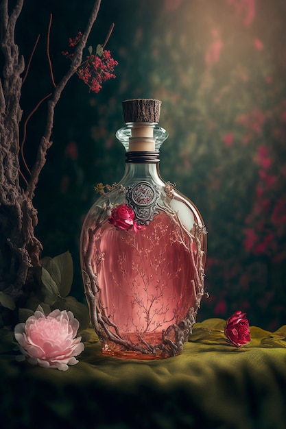 Elixir de amor en un hermoso primer plano de botella roja