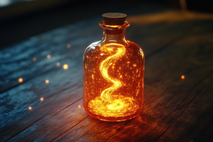 Foto elixir brillante dentro de una botella de vidrio en una mesa de madera rústica en la luz ambiental
